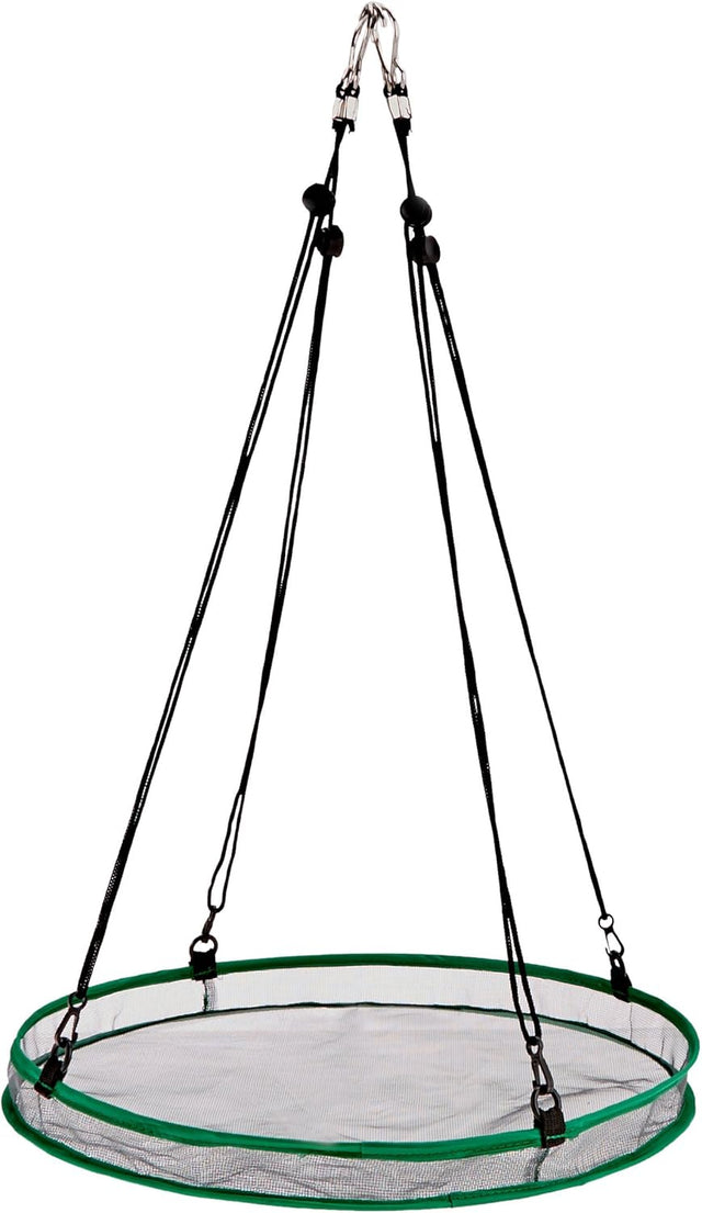 Product image showing a round hanging mesh food dehydrator with green trim black cords and silver clips.