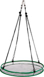 Product image showing a round hanging mesh food dehydrator with green trim black cords and silver clips.