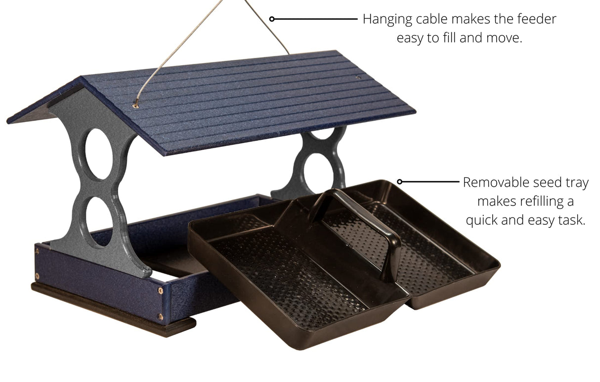 Product shot of a blue and gray plastic bird feeder with removable trays and a hanging cable showing textured surfaces and a slatted roof