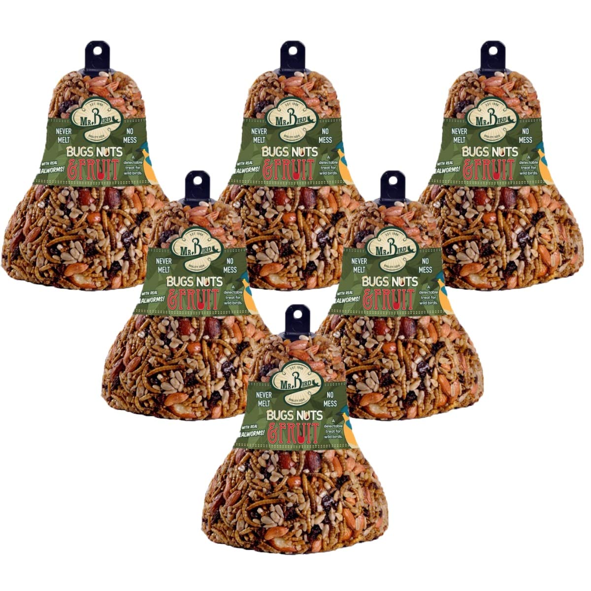 Mr. Bird Bugs, Nuts, & Fruit Wild Bird Seed Bell 12.5 oz. in 2, 4, and 6 packs, featuring mealworms, nuts, and fruits.