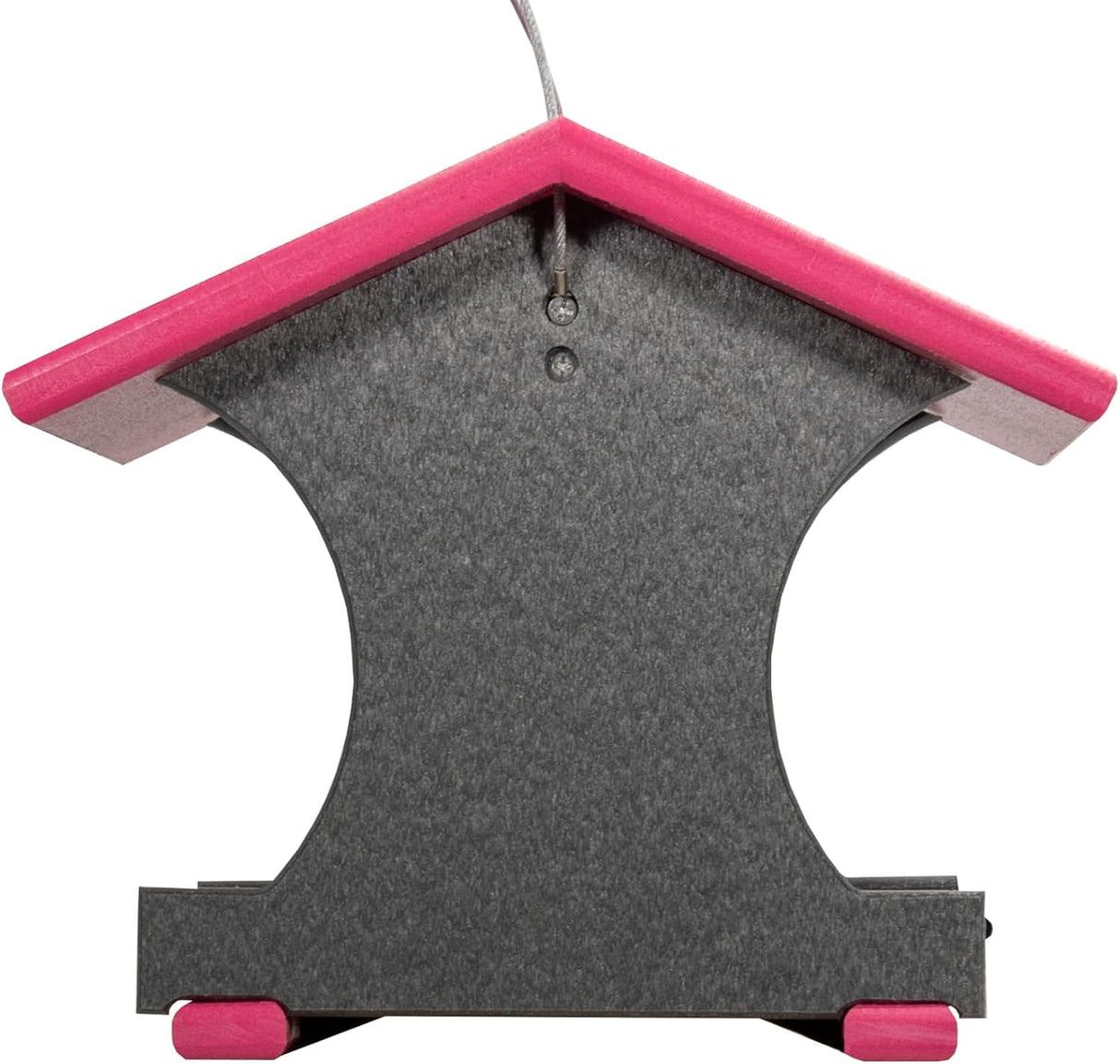Stylish birdhouse with a pink roof and gray body, designed to attract birds in gardens.