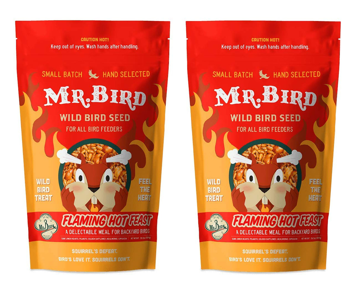 Mr. Bird Flaming Hot Feast bird seed bags, 4 lbs., for wild birds, designed to deter squirrels with spicy ingredients.