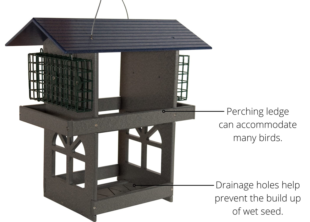 JCS Wildlife Double Fly Thru Bird Feeder with suet cages, featuring perching ledge and drainage holes.