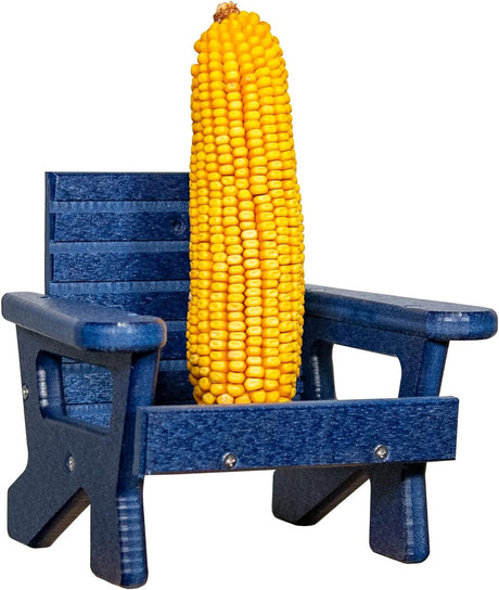 JCS Wildlife Black Squirrel Chair Feeder with dried corn cob, ideal for feeding squirrels.