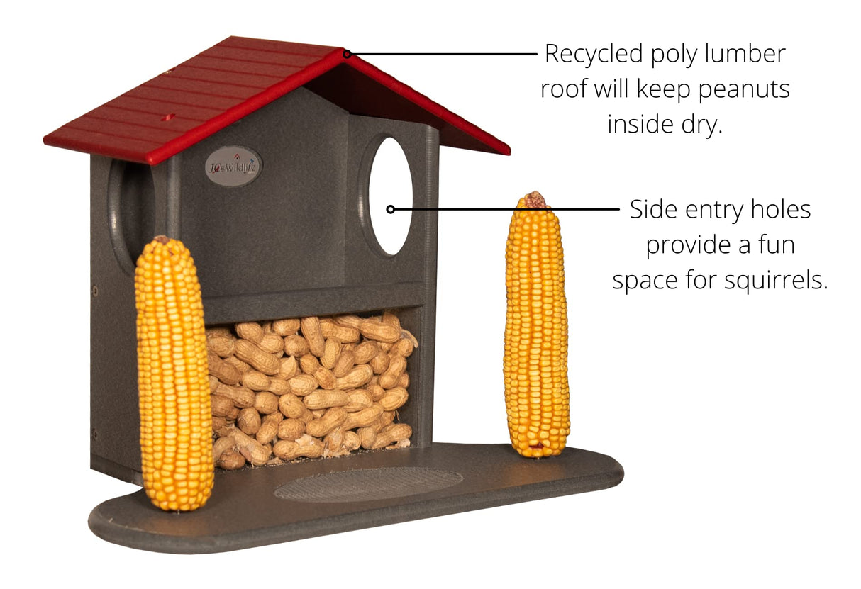 JCS Wildlife Squirrel Snack Station with eco-friendly roof and corn holders, designed for squirrel feeding and peanut storage.