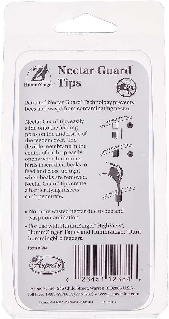 Aspects 384 Nectar Guard Tips package featuring instructions and benefits for keeping nectar clean from insects.