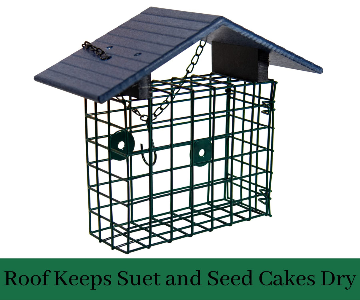 JCS Wildlife XL Suet Cage with Recycled Poly Lumber Roof keeps food dry for birds.