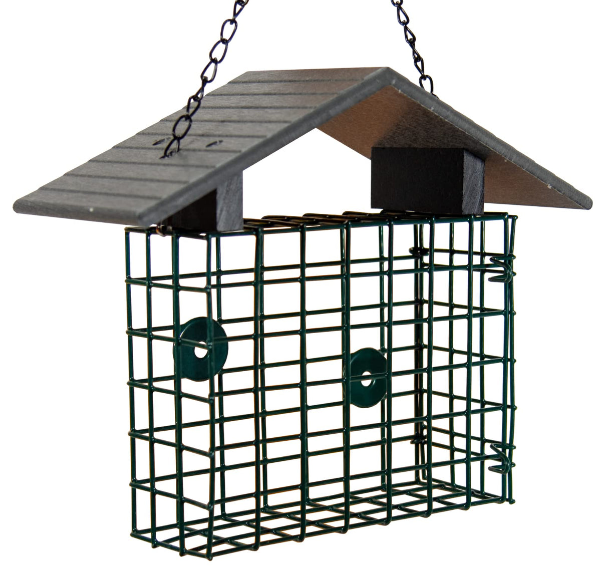 JCS Wildlife XL Suet Cage with Recycled Poly Lumber Roof, designed to keep suet clean and dry for birds.