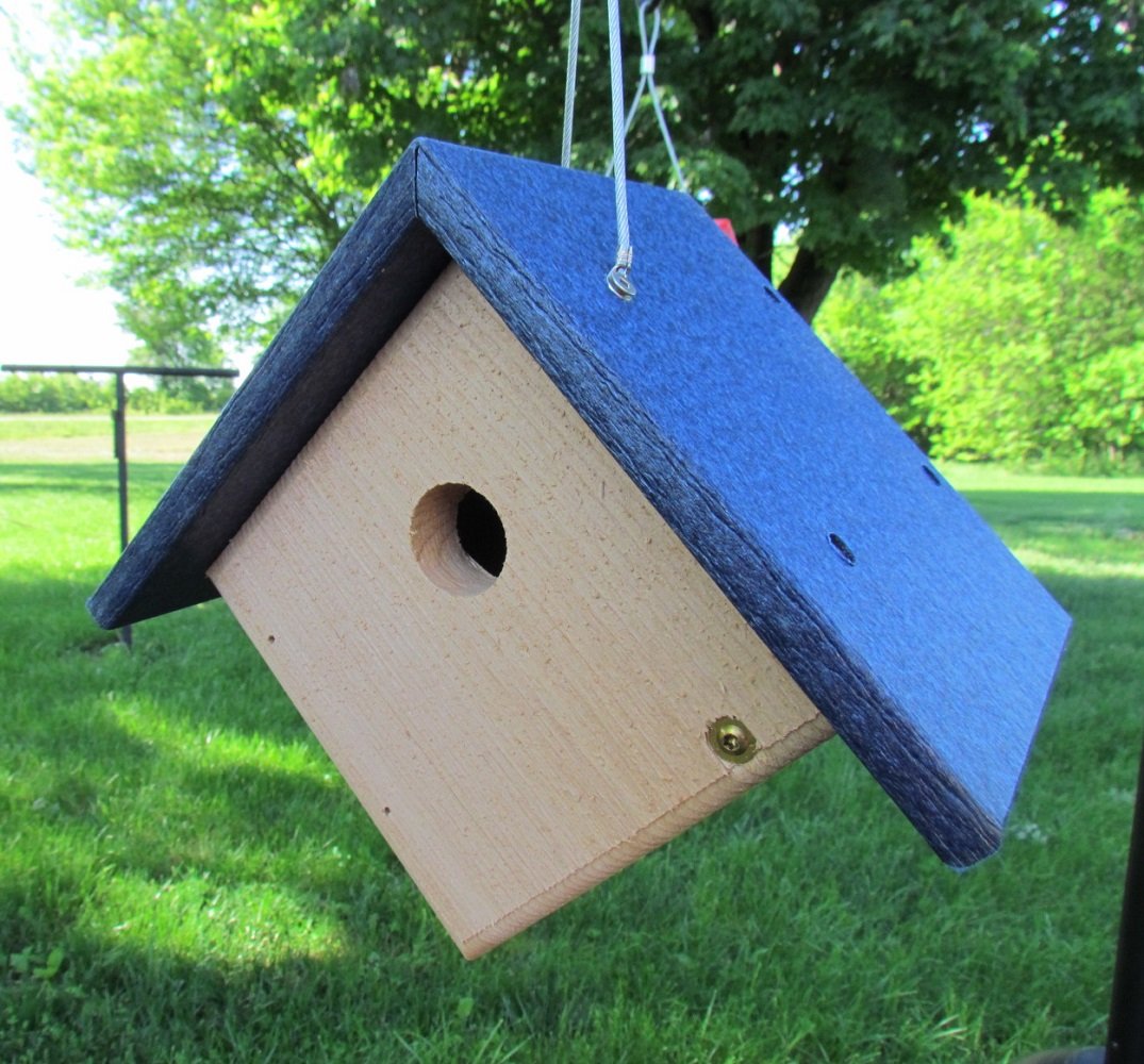 Handmade birdhouse with a dark blue roof and light wood body hanging outdoors against a backdrop of green grass and lush trees featuring visible brass screws and a circular entrance hole