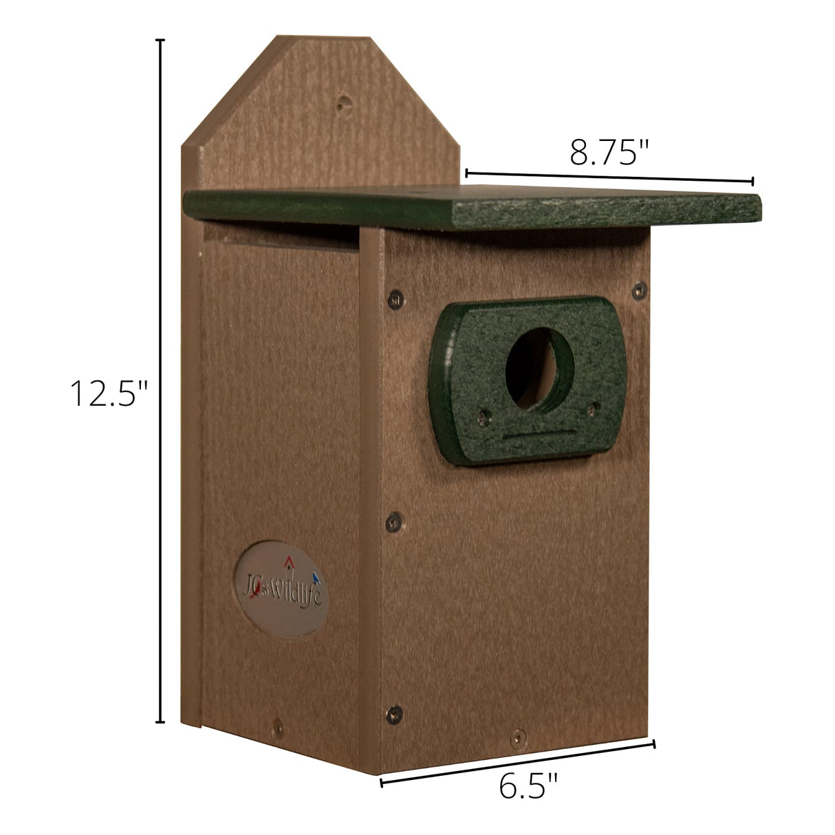 JC's Wildlife recycled plastic birdhouse features a dark green roof and entrance hole against a taupe body with visible screws and a logo
