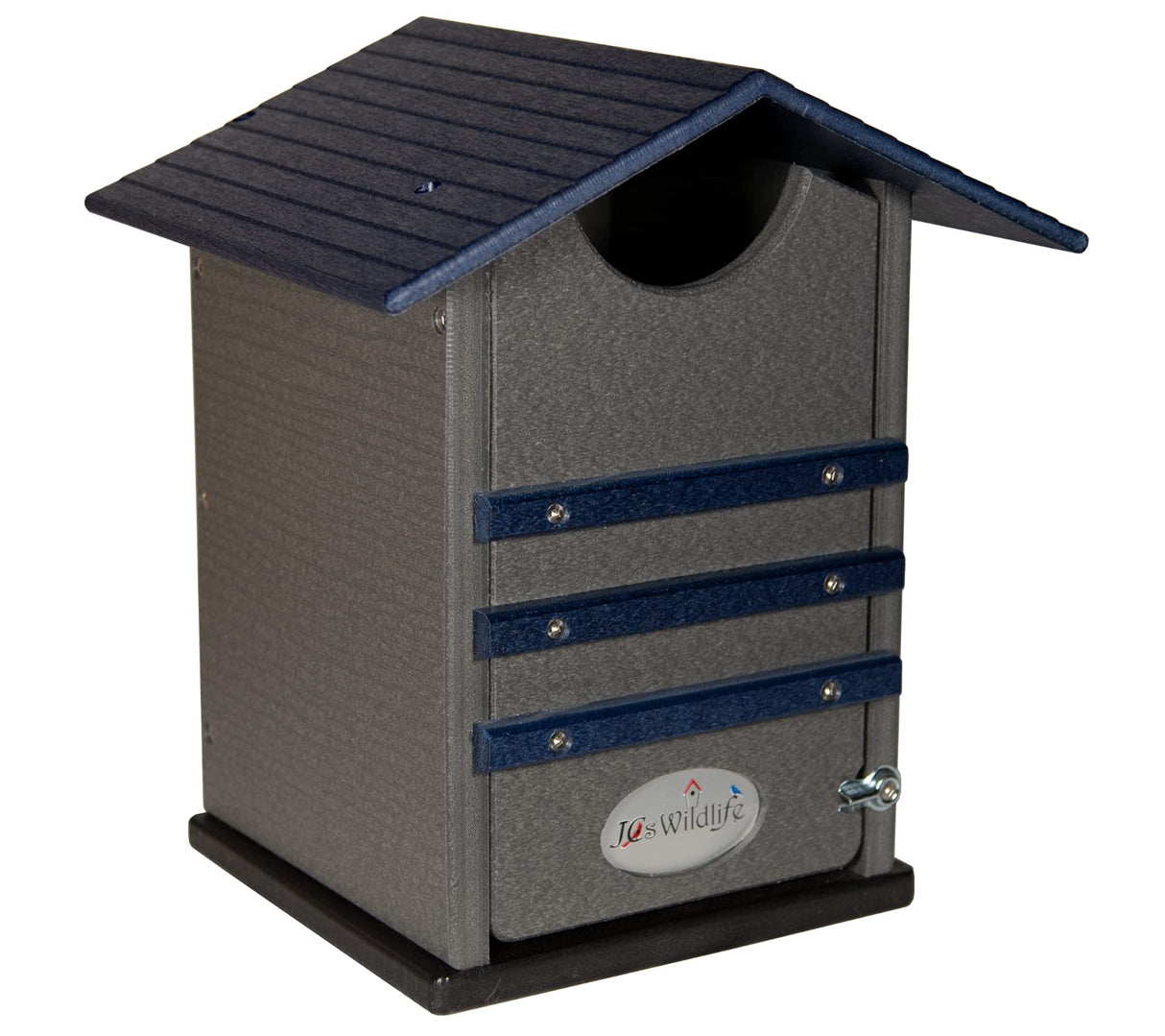 JO's Wildlife plastic birdhouse gray and navy blue body with dark base and three decorative navy blue bands featuring a circular logo and secure latch