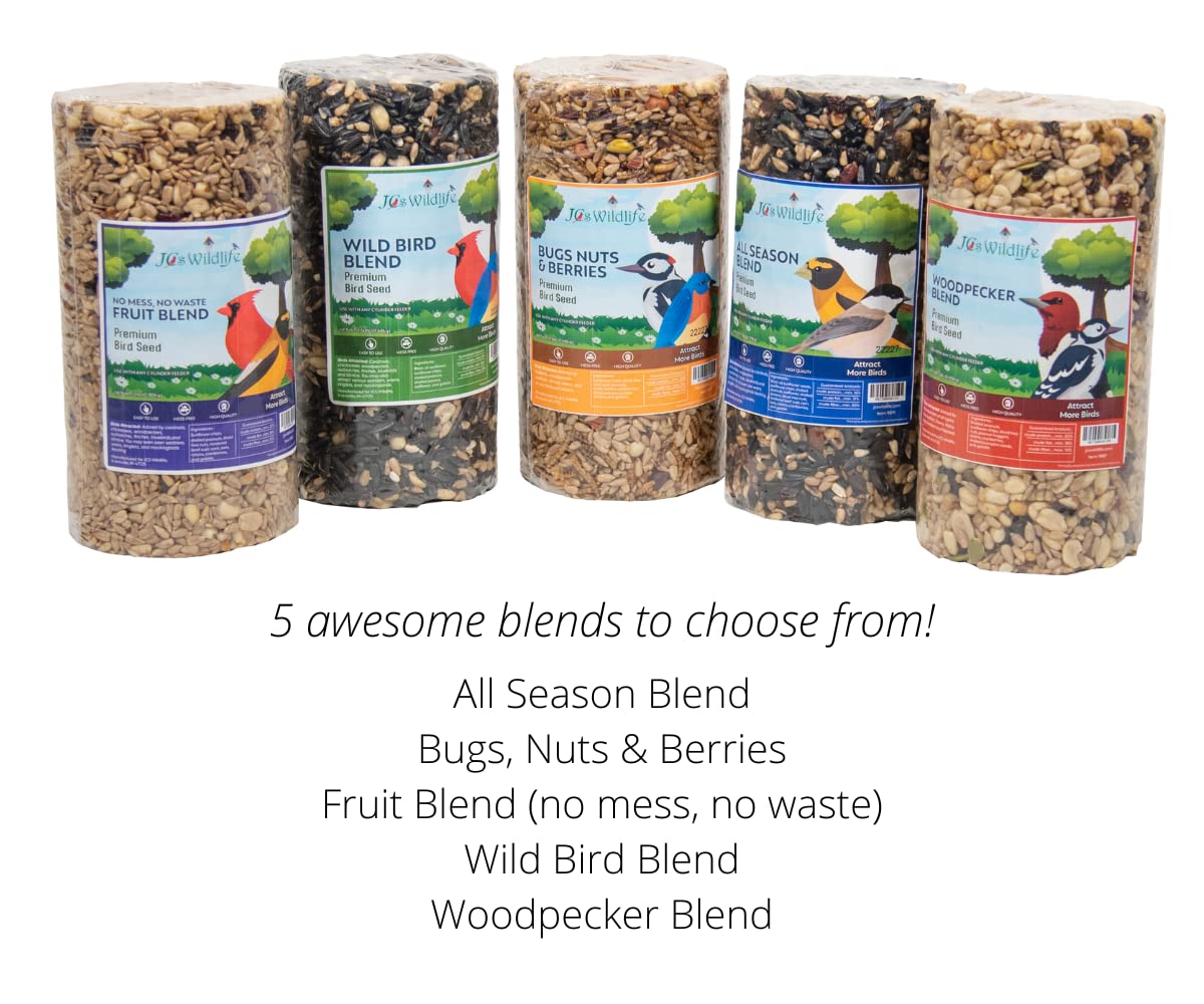 Jo's Wildlife five premium birdseed blends including fruit, wild bird, woodpecker, bugs nuts and berries and all season blends shown in cylindrical packaging featuring colorful bird illustrations and detailed seed variety descriptions