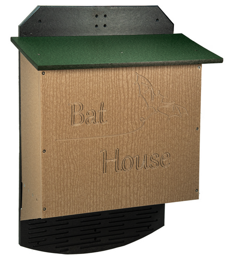 Recycled plastic bat house with green roof black base and tan wood grain texture featuring embossed bat graphic and lettering