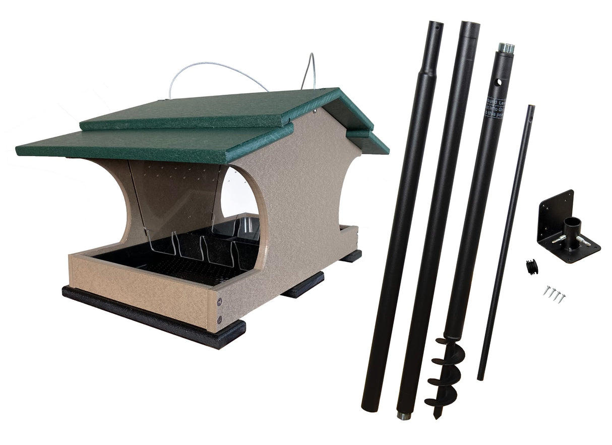 Product shot of a recycled plastic bird feeder with a green roof and beige body featuring a clear seed tray and black base accompanied by a set of black metal poles and ground mount hardware