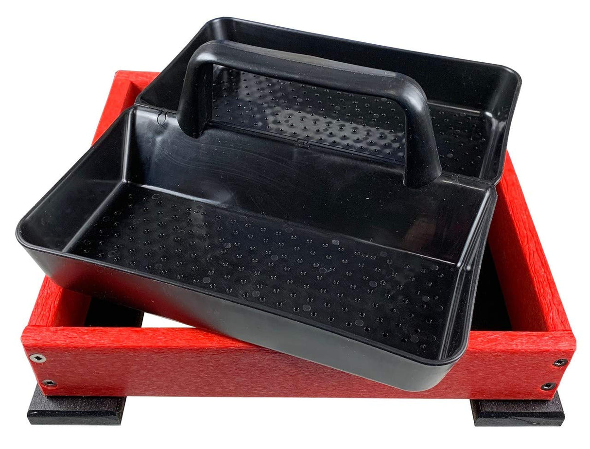 Product shot of a red and black plastic caddy with a textured bottom and a convenient handle showing detail and function