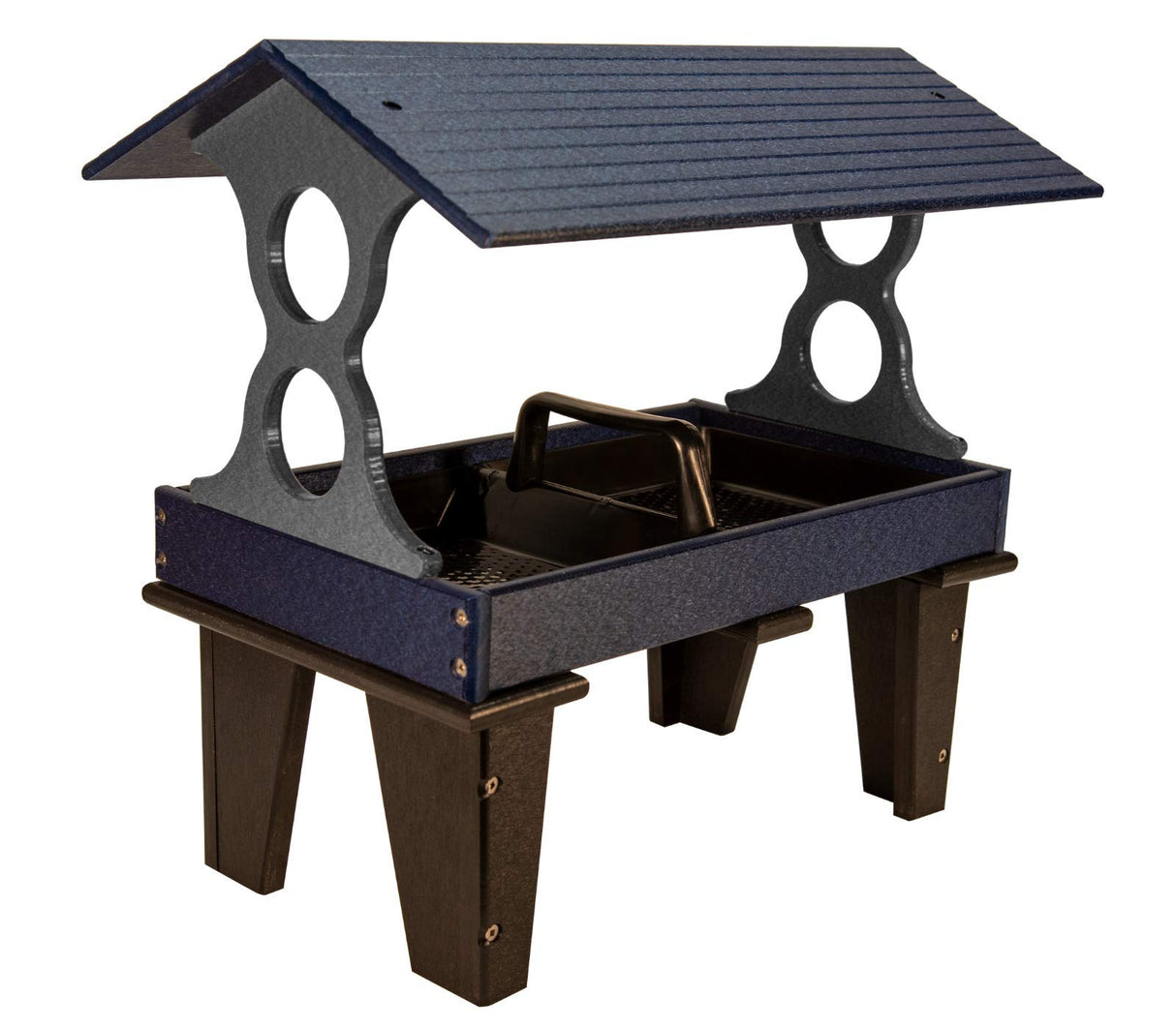 Plastic bird feeder with a navy blue and gray roof featuring a central tray and dark brown legs against a white background