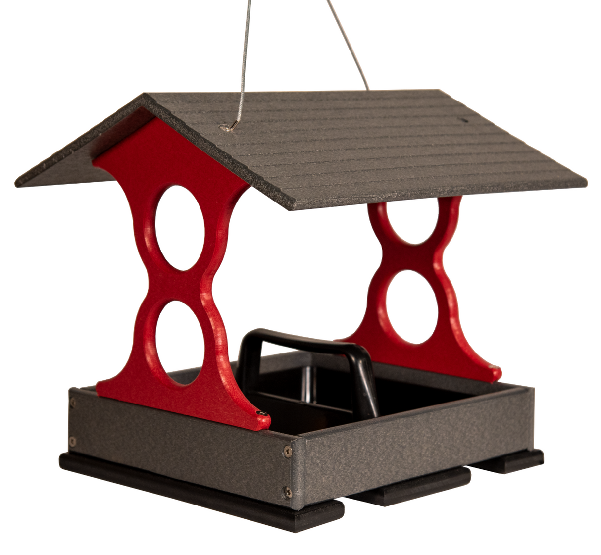 Recycled plastic bird feeder with a red frame gray roof and black base showing a hanging design and unique cutouts