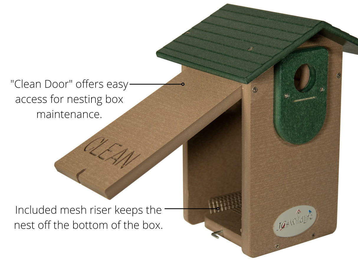 Product photo of a Jos Wildlife recycled plastic birdhouse featuring a tan body, green roof, and convenient clean door with mesh bottom.