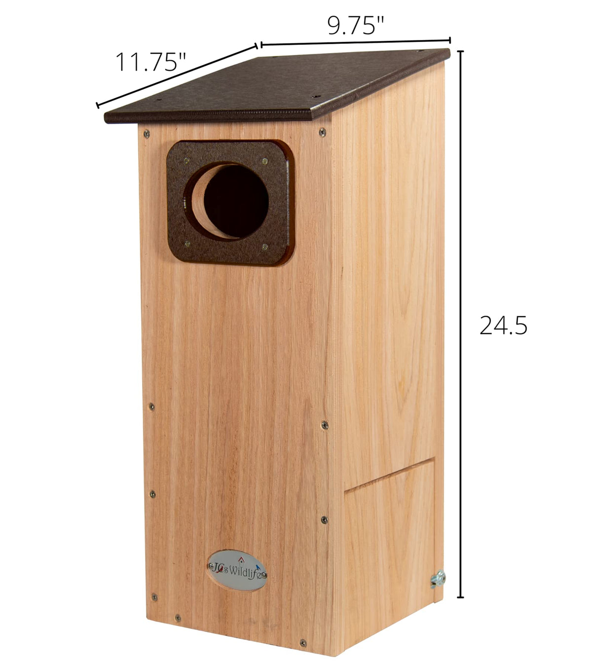 JCS Wildlife Cedar Wood Duck House with Recycled Poly Lumber Roof and Predator Guard, dimensions 24.5" x 9.75" x 11.75".
