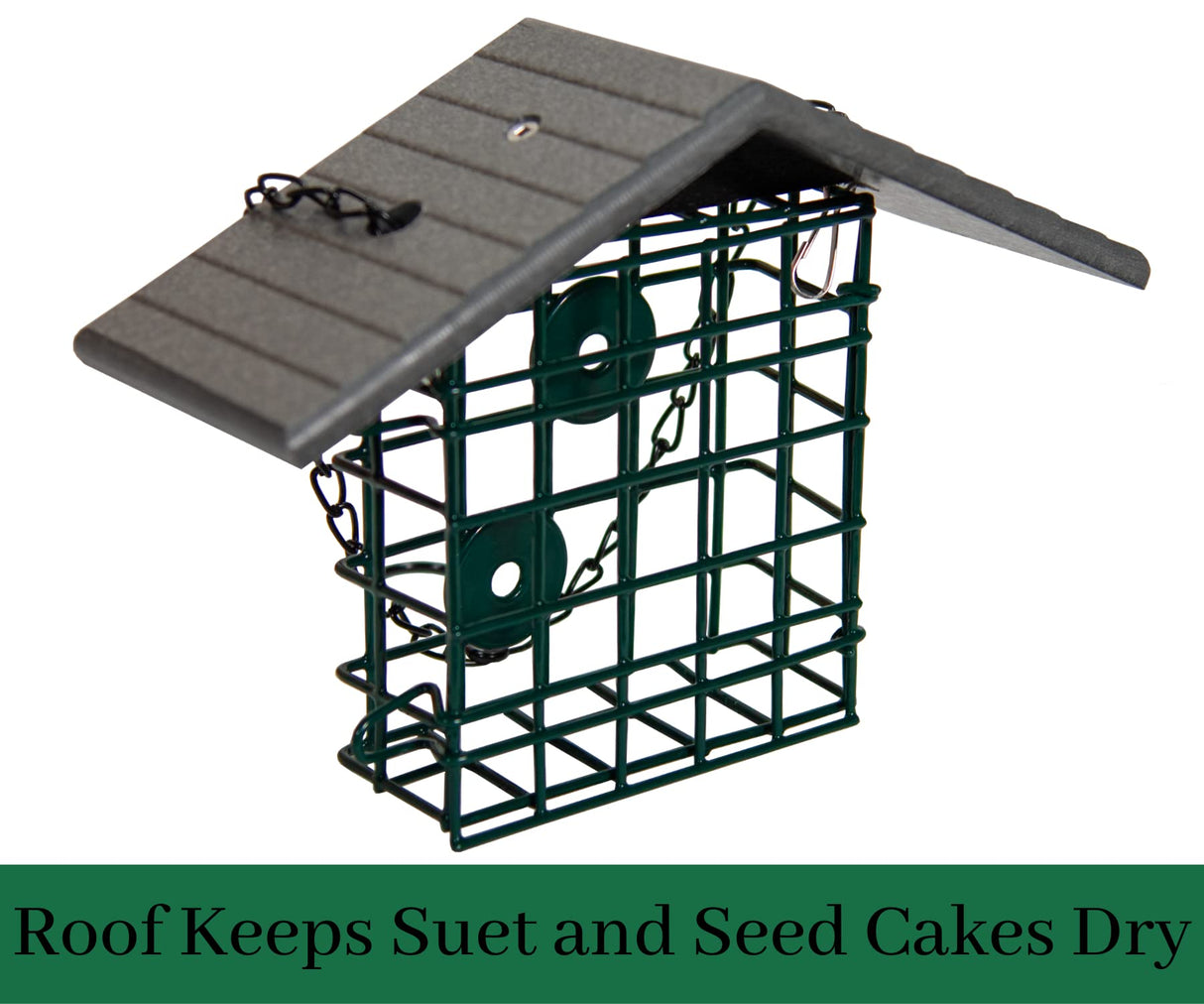 JCS Wildlife Single Suet Cage with Poly Lumber Roof, designed to keep suet and seed cakes dry.