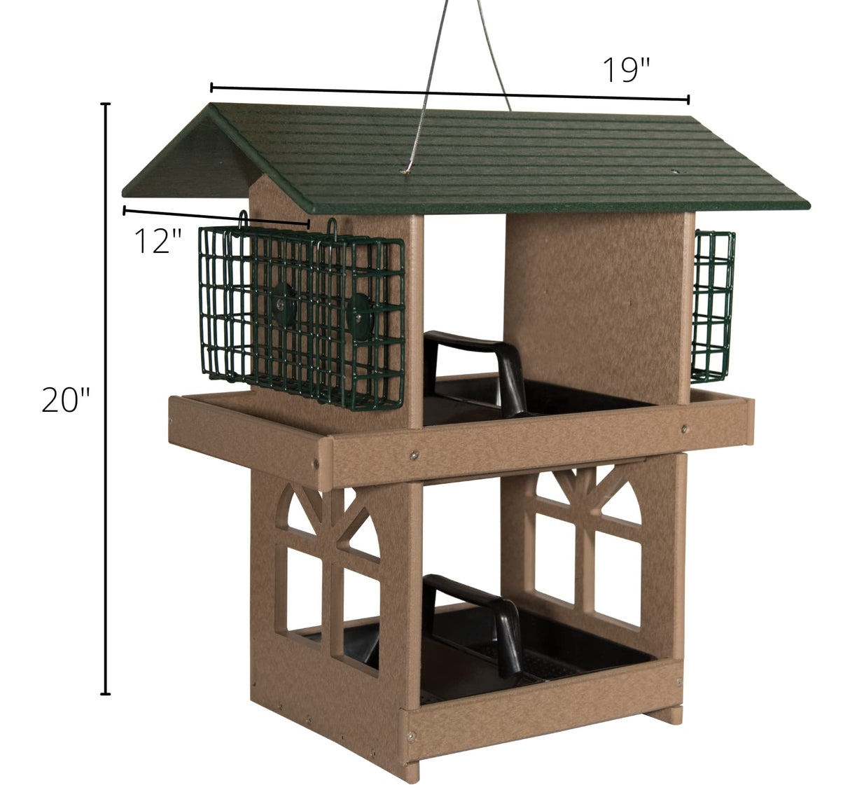 JCS Wildlife Double Fly Thru Bird Feeder with Suet Cages, featuring two removable trays and attached suet cages.