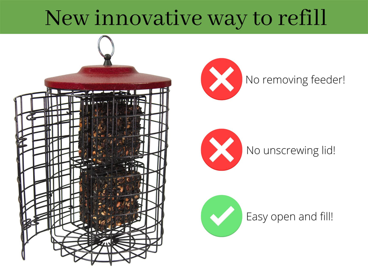 New innovative design for Squirrel Stopper suet feeder allows easy refilling without removing or unscrewing.