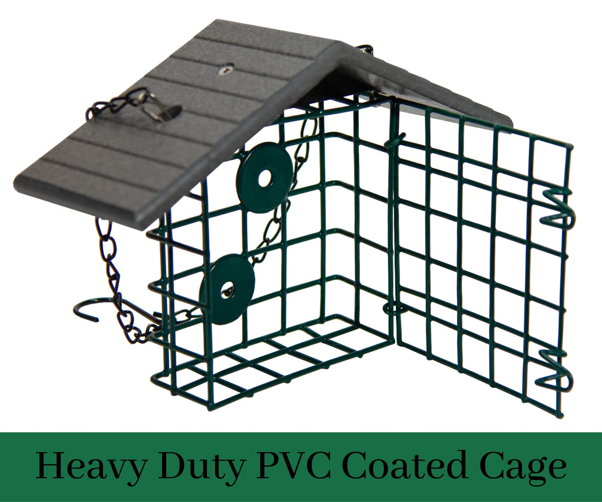 JCS Wildlife Single Suet Cage with Poly Lumber Roof, heavy-duty PVC coated design for durability.