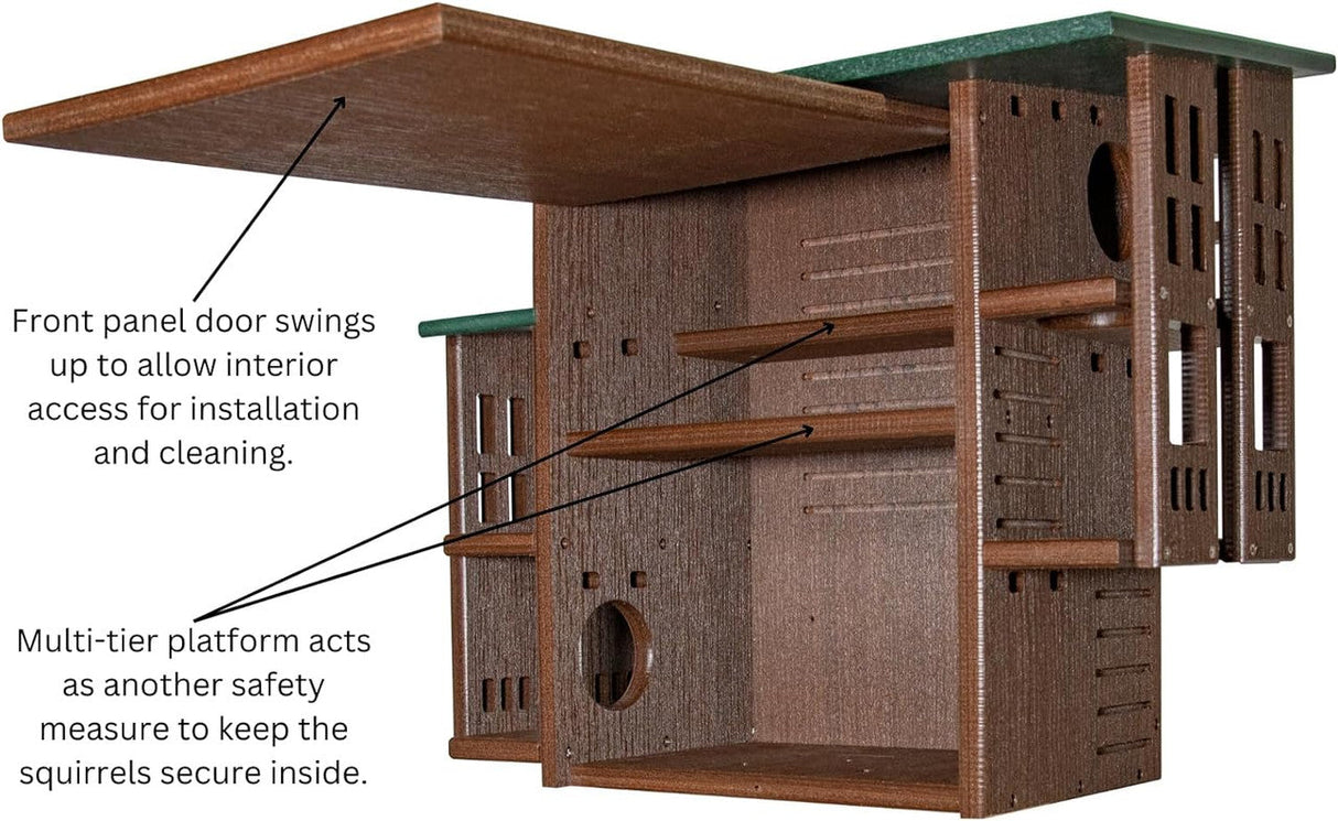 Diagram of a multi-tiered brown and green plastic squirrel feeder with interior platforms and a swinging front panel for easy cleaning showing multiple access points and safety features