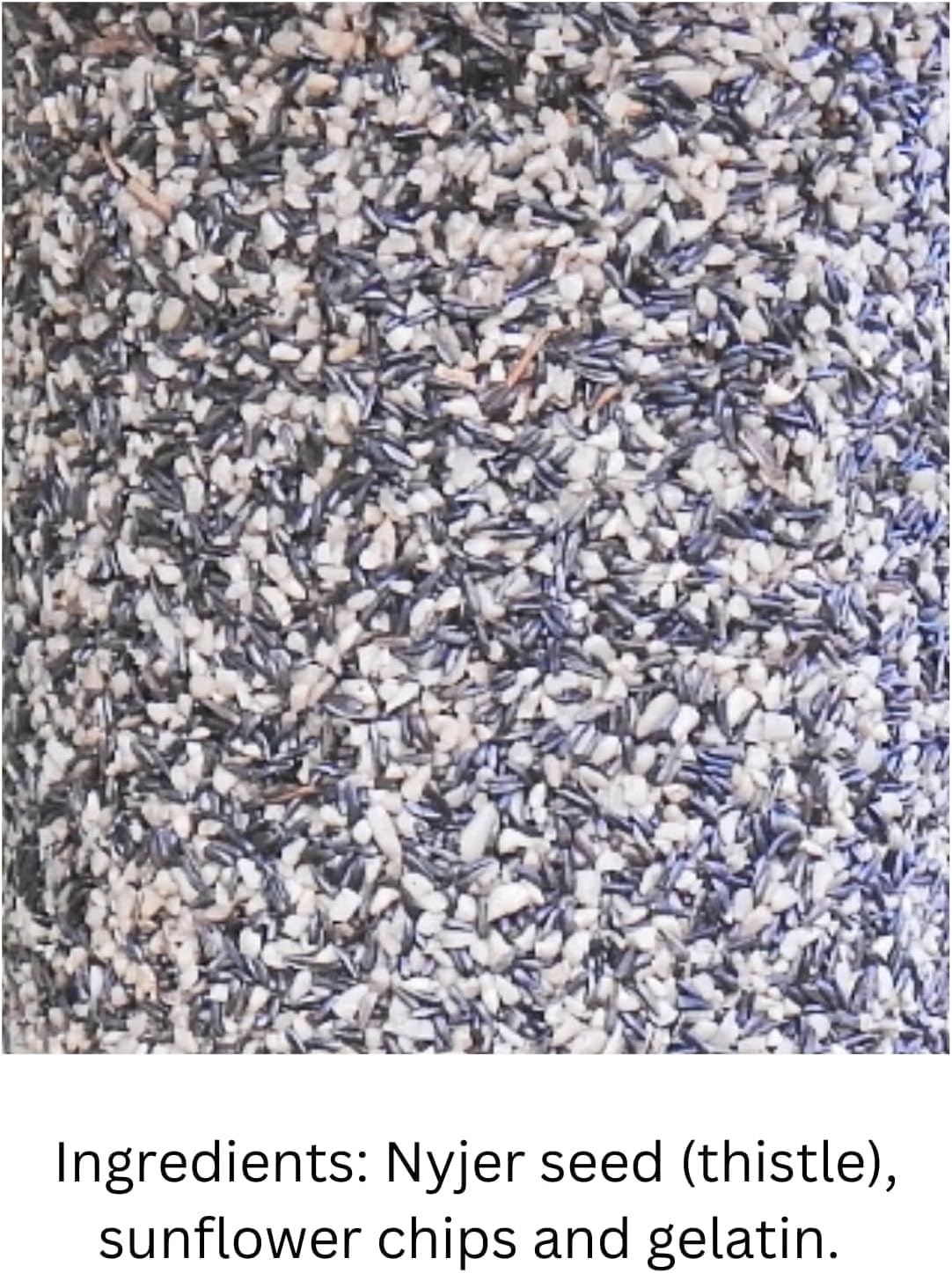 Close-up of ingredients in JCS Wildlife Finch Favorite Premium Bird Seed: Nyjer seed, sunflower chips, and gelatin.
