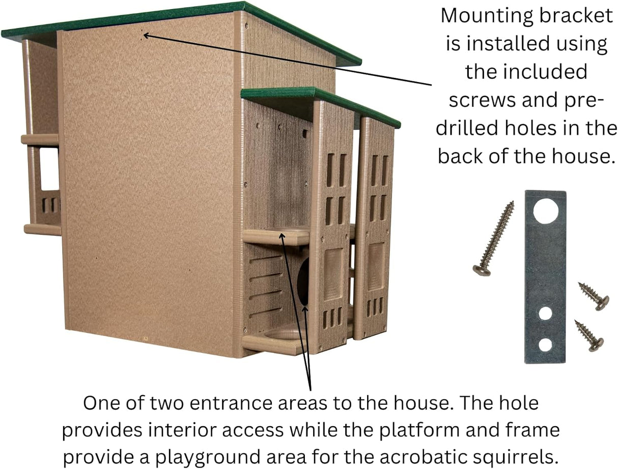 Product image showing a tan and green plastic multi-level squirrel house with two entry areas, multiple platforms, and a mounting bracket