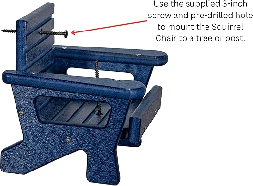 JCS Wildlife Black Squirrel Chair Feeder shown with screw for easy mounting to a tree or post.