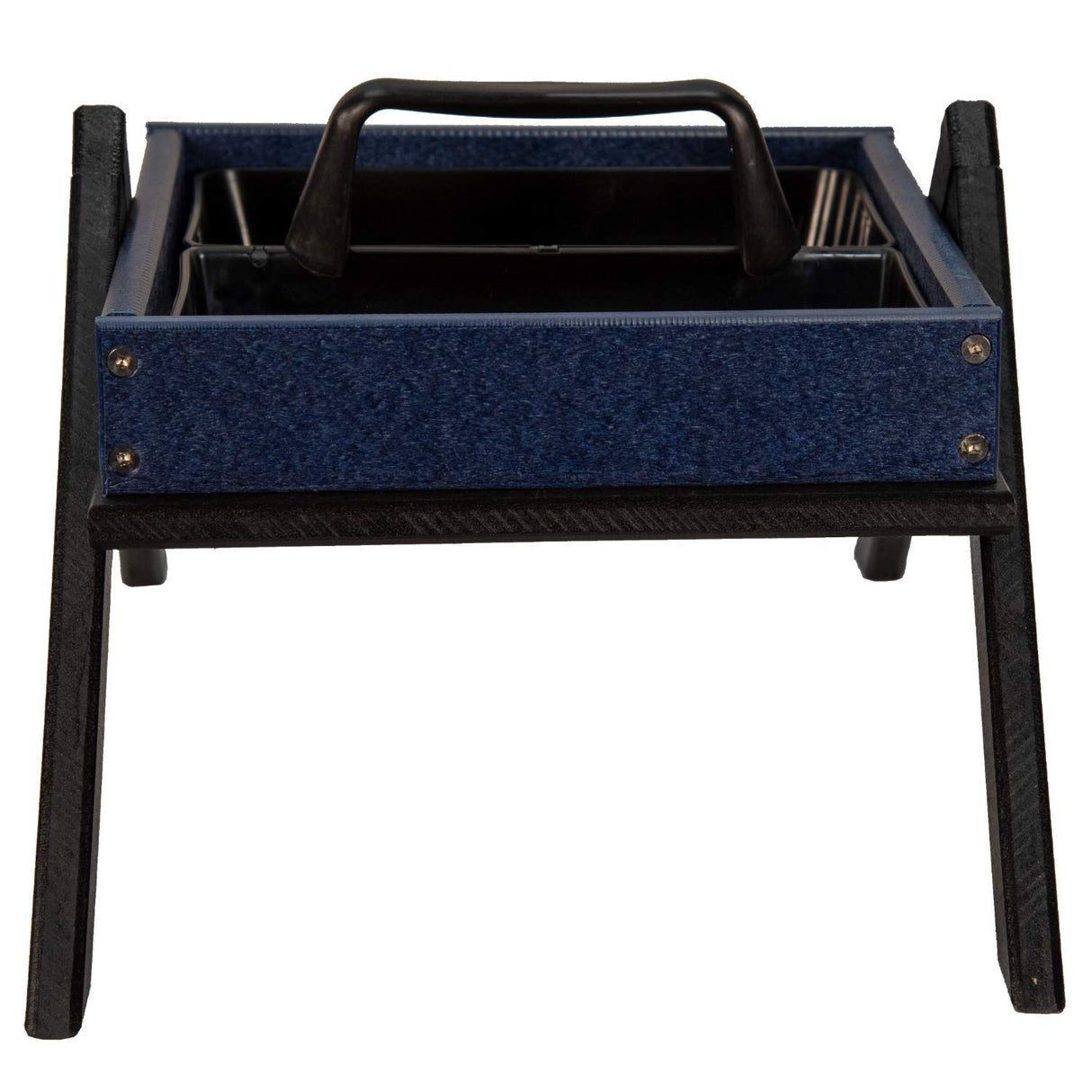 Product shot of a black and navy blue plastic portable caddy with a handle and visible screws showing two internal trays