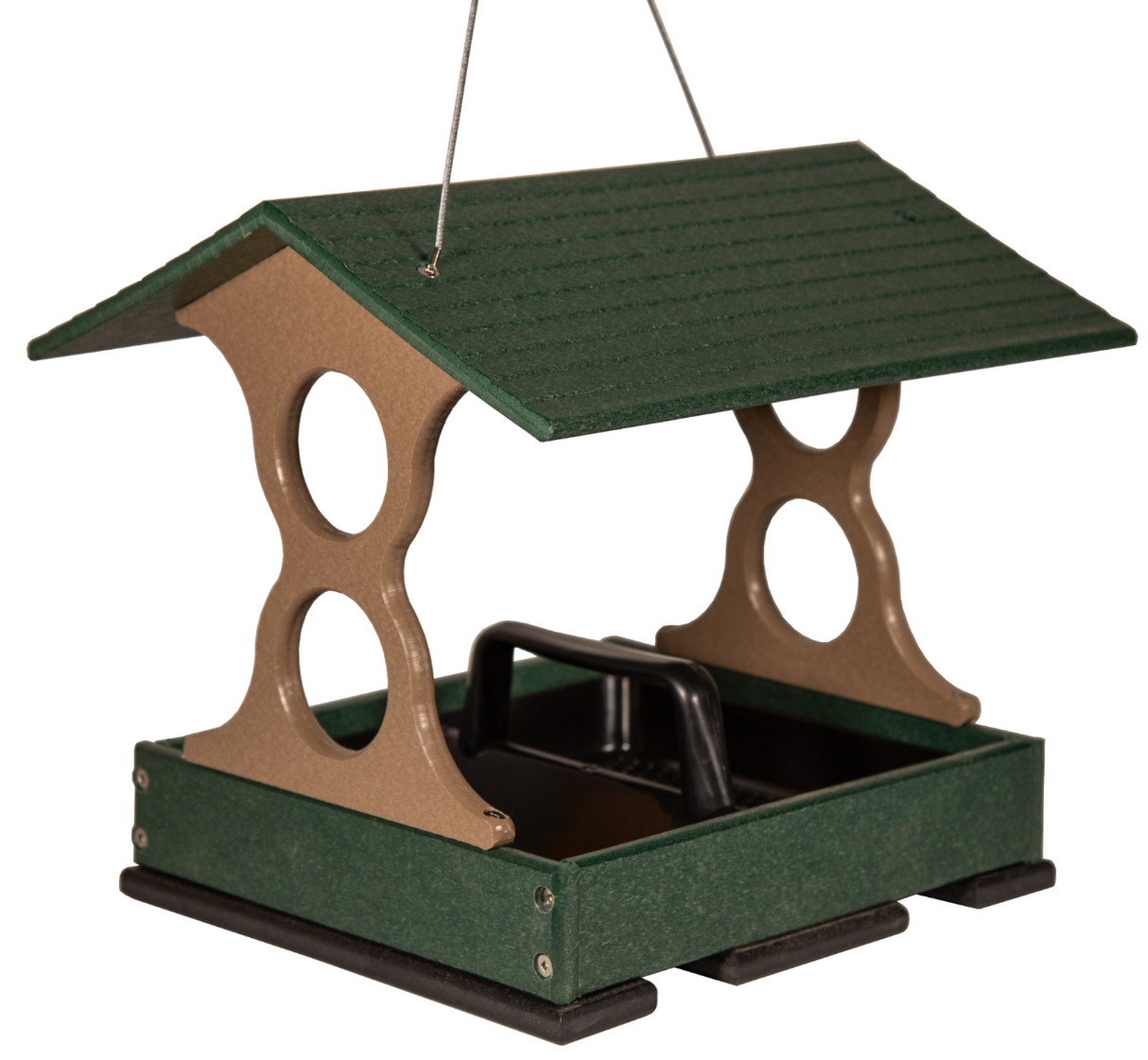Plastic recycled bird feeder with green roof taupe supports and black tray featuring a hanging design