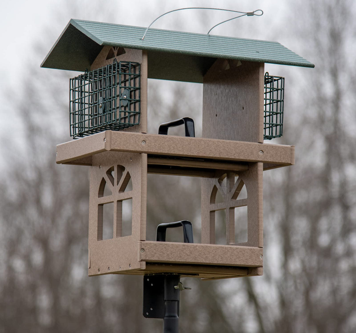 JCS Wildlife Double Fly Thru Bird Feeder with Suet Cages design, featuring two removable seed trays for feeding birds.