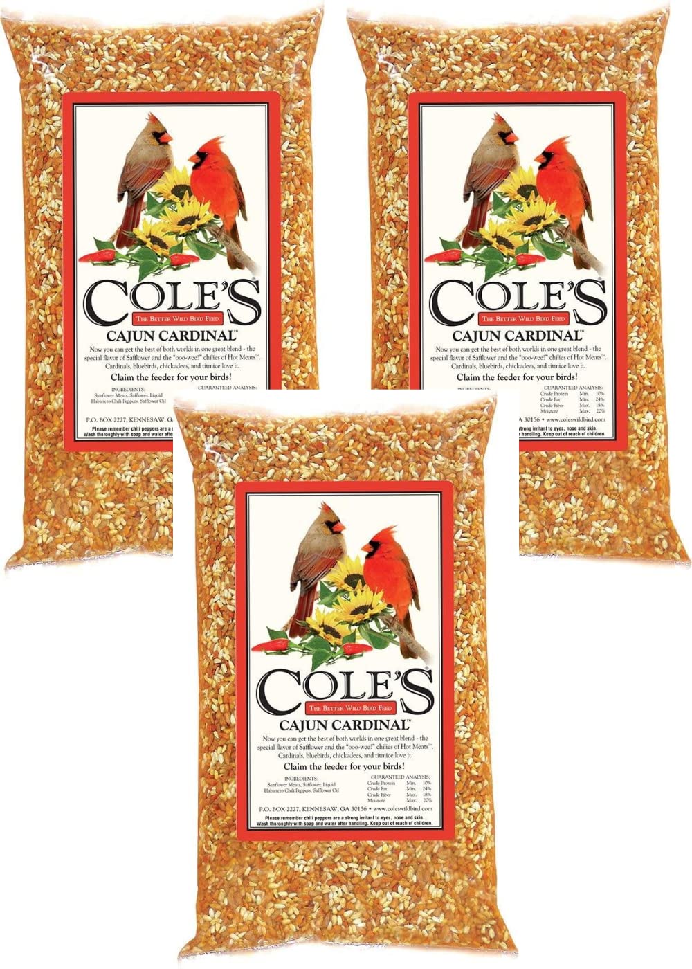 Cole's Cajun Cardinal Bird Seed bags featuring cardinals, perfect for attracting wild birds to your feeder.
