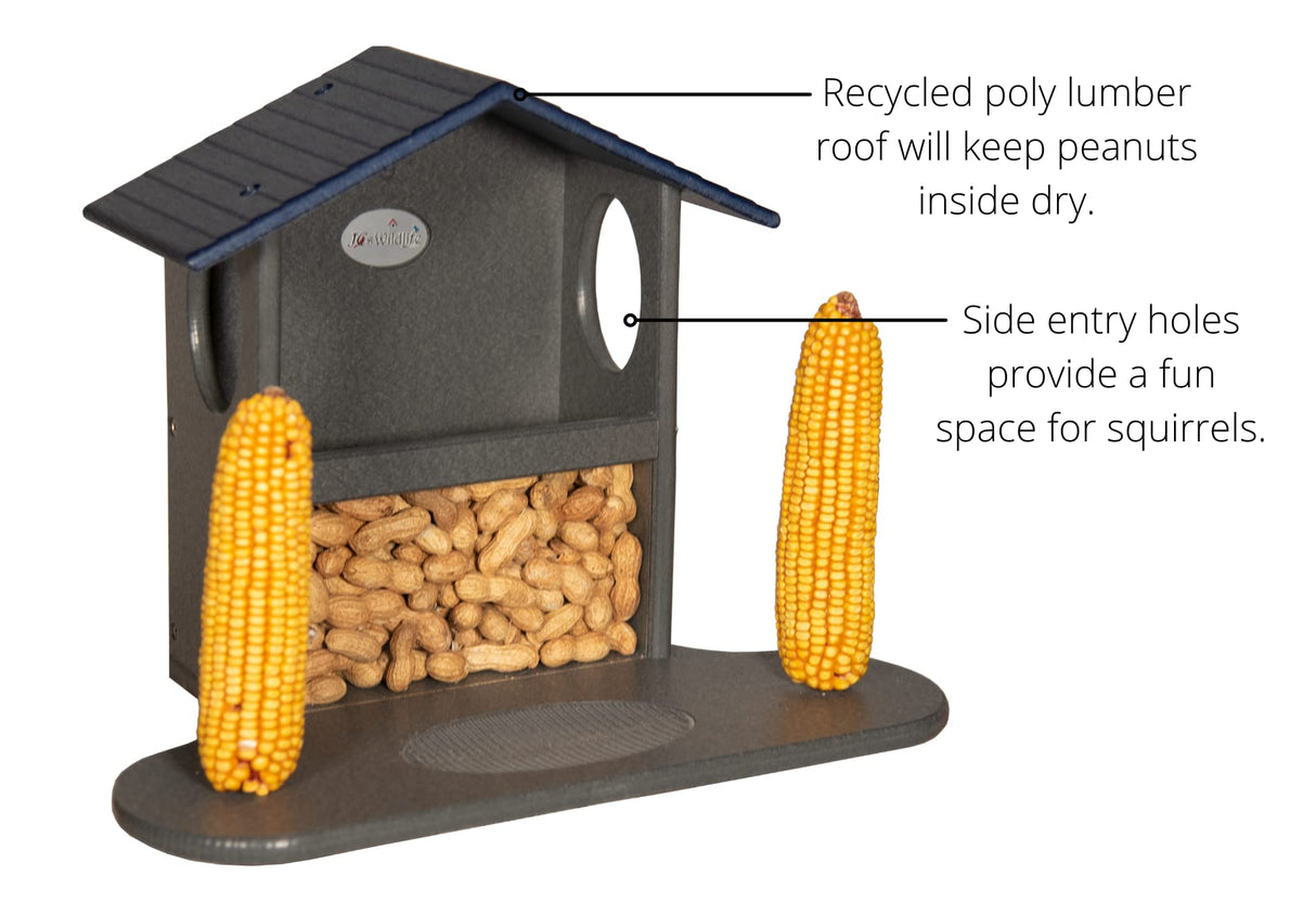 JCS Wildlife Squirrel Snack Station with dry roof, corn holders, and buffet for peanuts, perfect for squirrels.