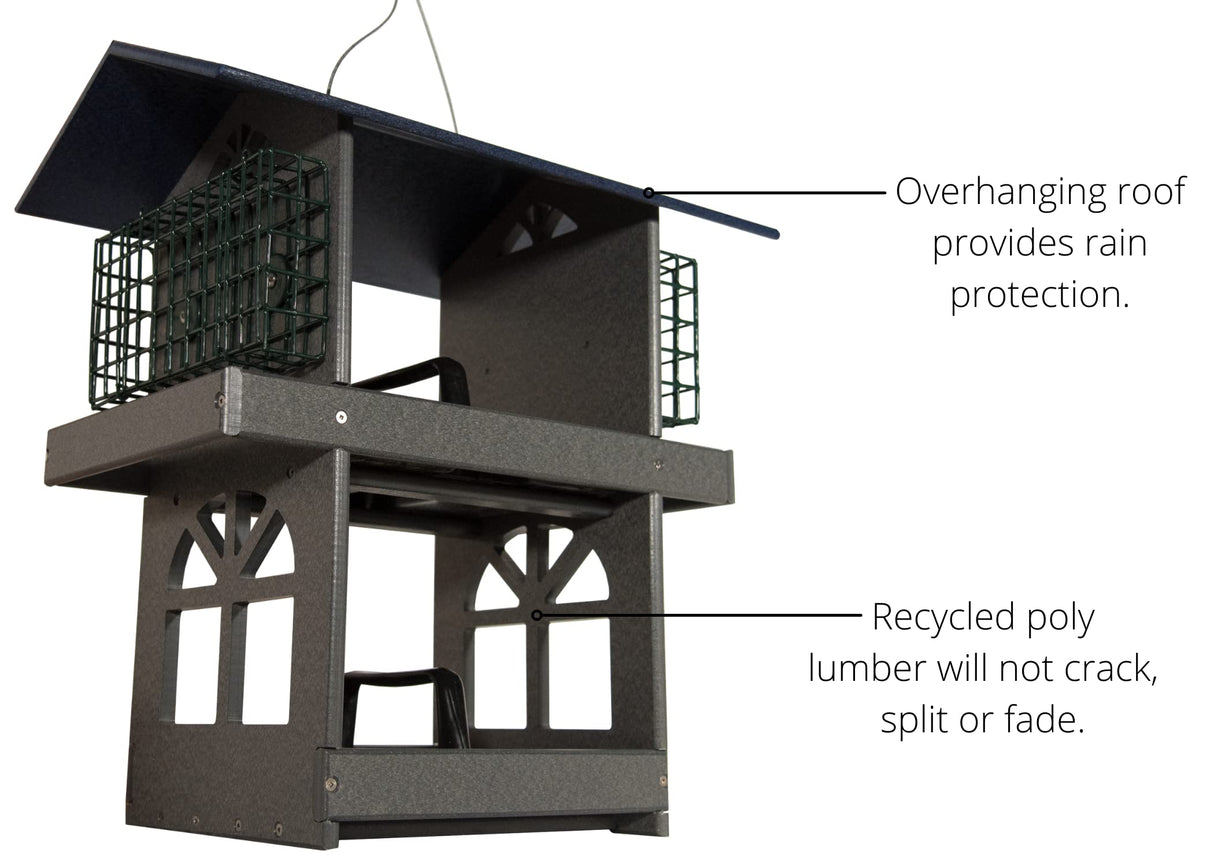 JCS Wildlife Double Fly Thru Bird Feeder showing an overhanging roof and recycled poly lumber for durability.