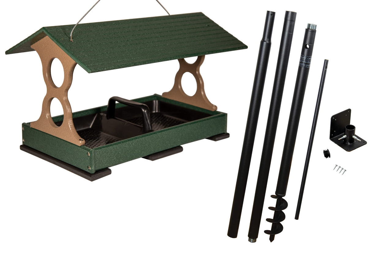 Product shot showing a green and beige plastic bird feeder with a dark green roof and black tray featuring a handle and rubber feet plus a ground mount kit with black metal poles and a ground auger
