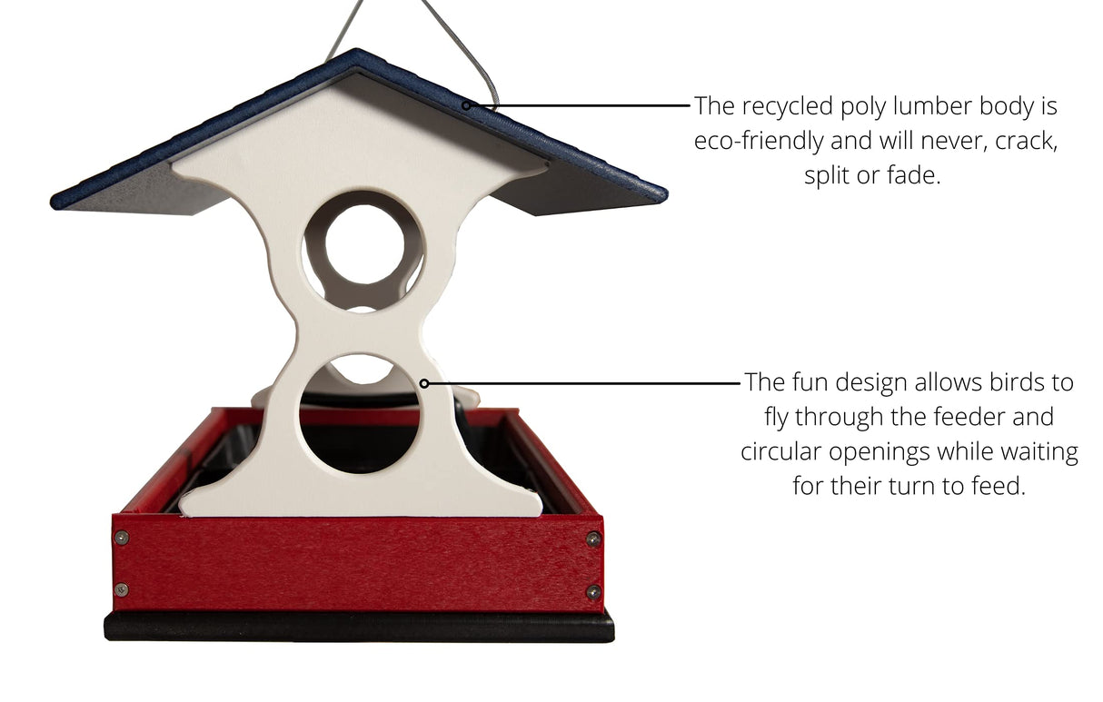 Recycled poly lumber bird feeder showing a navy blue roof, white body, and crimson red base with circular feeding ports