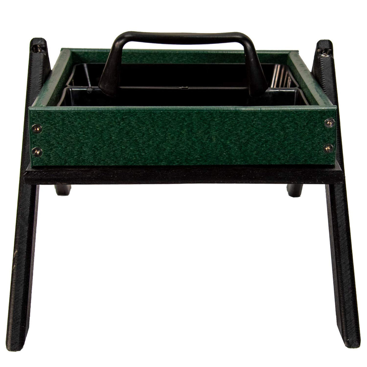 Product shot of a dark green and black plastic feeder with a carrying handle and two compartments on a stand