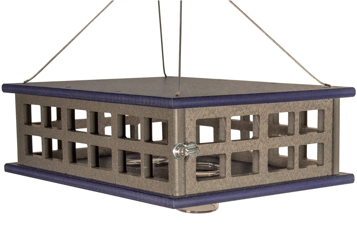 JCS Wildlife Recycled Poly Lumber Deluxe Caged Platform Bluebird Feeder with two feeding cups and squirrel protection.