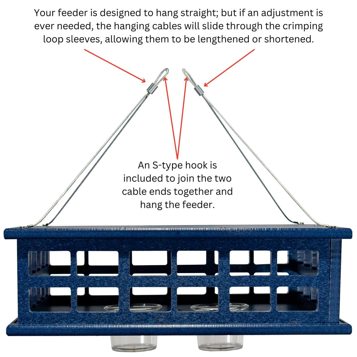 JCS Wildlife Recycled Poly Lumber Deluxe Caged Platform Bluebird Feeder with adjustable cables and hanging hook.