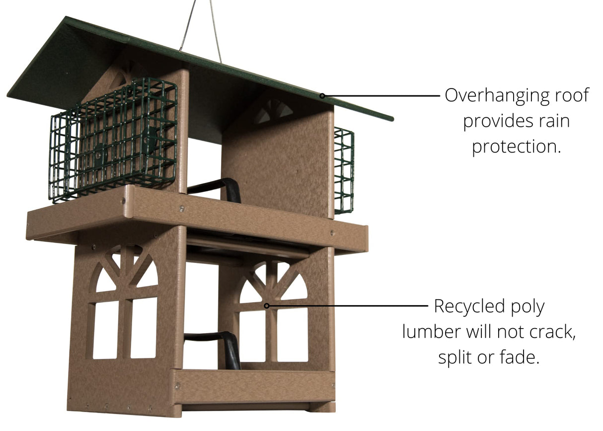 JCS Wildlife Double Fly Thru Bird Feeder showcasing an overhanging roof and sturdy recycled poly lumber construction.