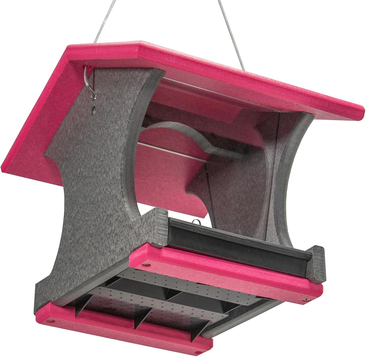 Colorful hanging bird feeder in pink and gray, designed for easy feeding and attracting birds.