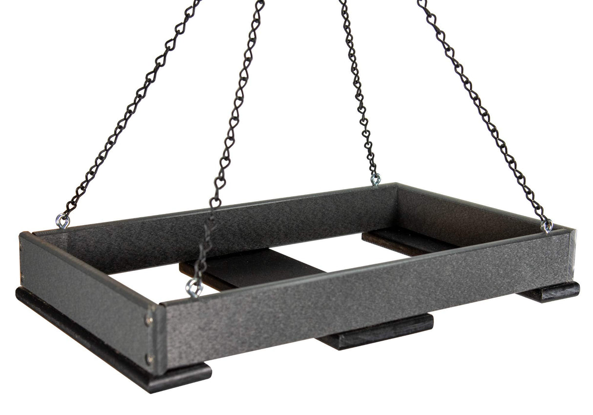 JCS Wildlife Large Poly Lumber Hanging Platform Feeder in black with removable tray and chains for easy hanging.