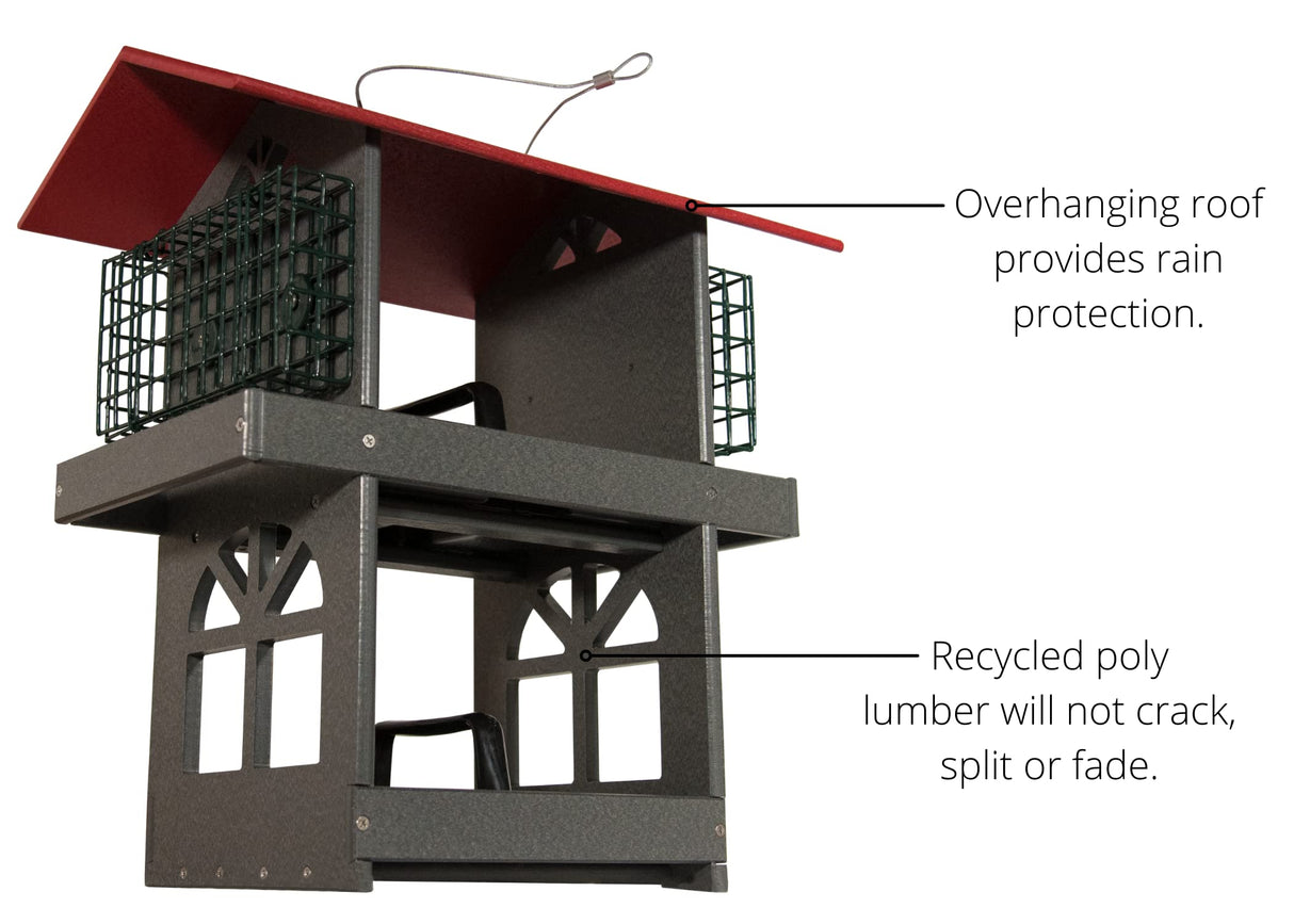 JCS Wildlife Double Fly Thru Bird Feeder with Suet Cages featuring rain protection and durable recycled poly lumber.