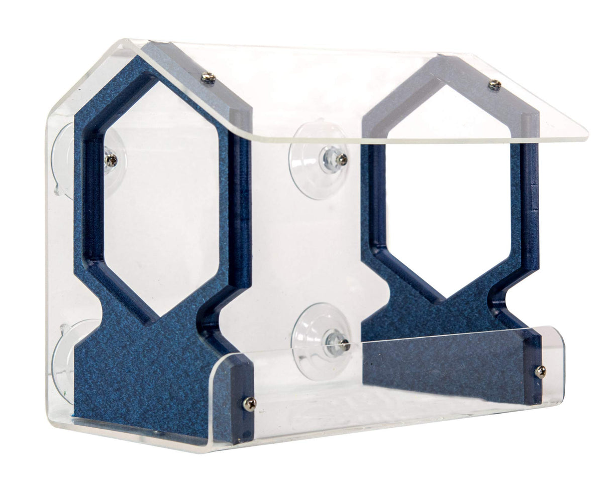 Acrylic bird feeder with suction cups, featuring a dark blue textured frame, clear acrylic panels, and a house-shaped design.