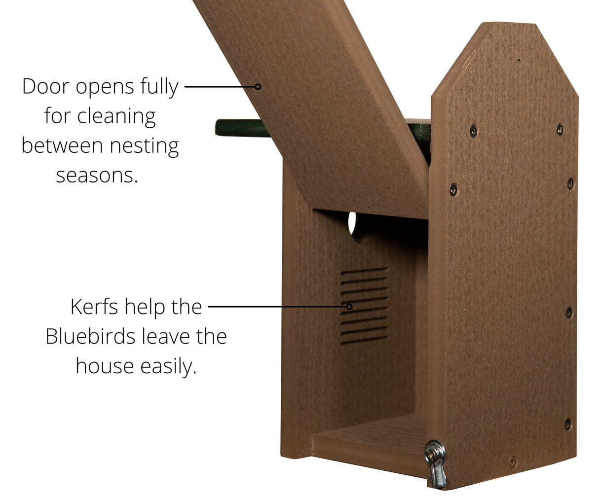 Product shot of a brown plastic bluebird house with a fully opening door, ventilation slots, and a secure locking mechanism