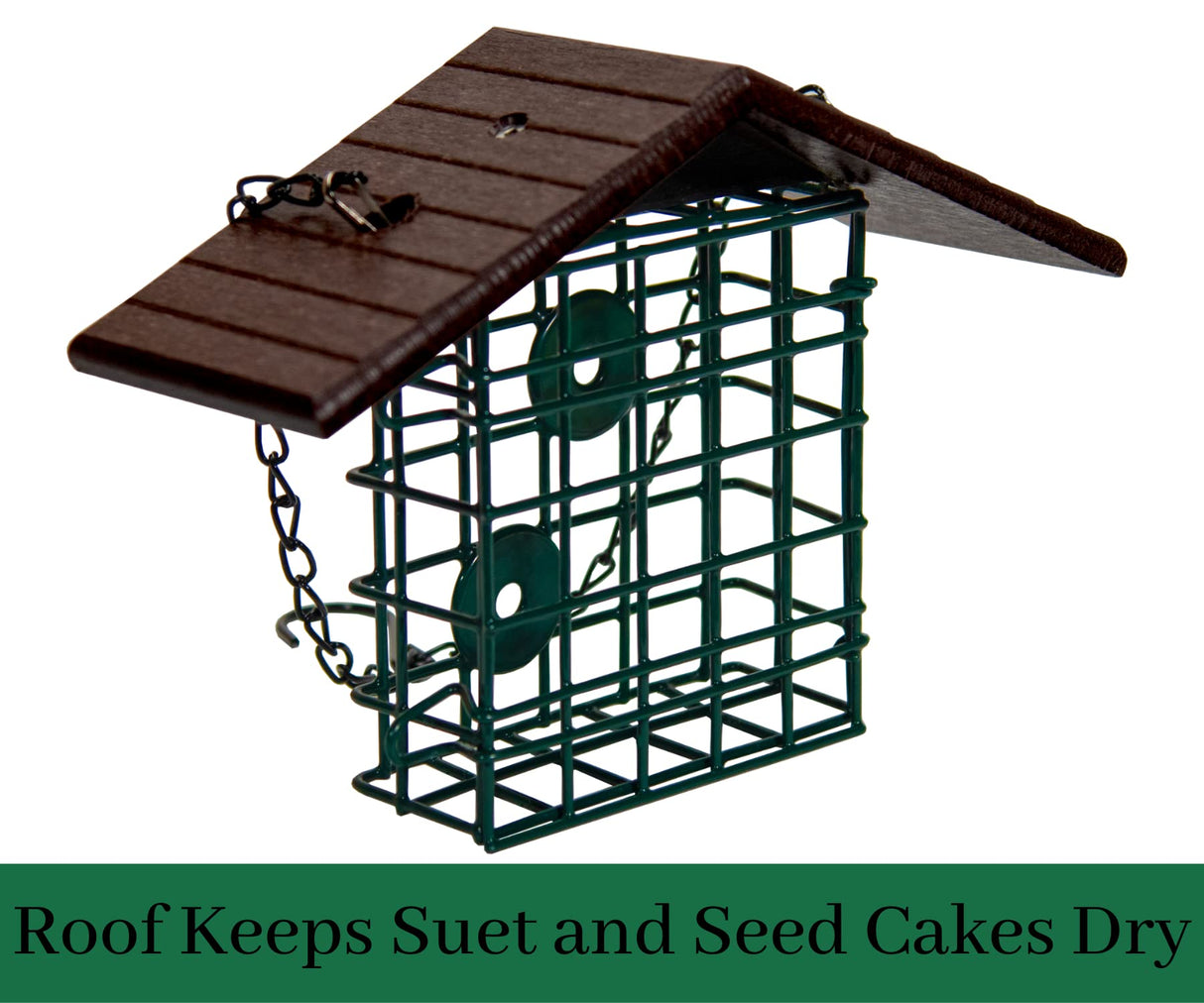 JCS Wildlife Single Suet Cage with Poly Lumber Roof, protects suet from rain and messes, perfect for bird feeding.