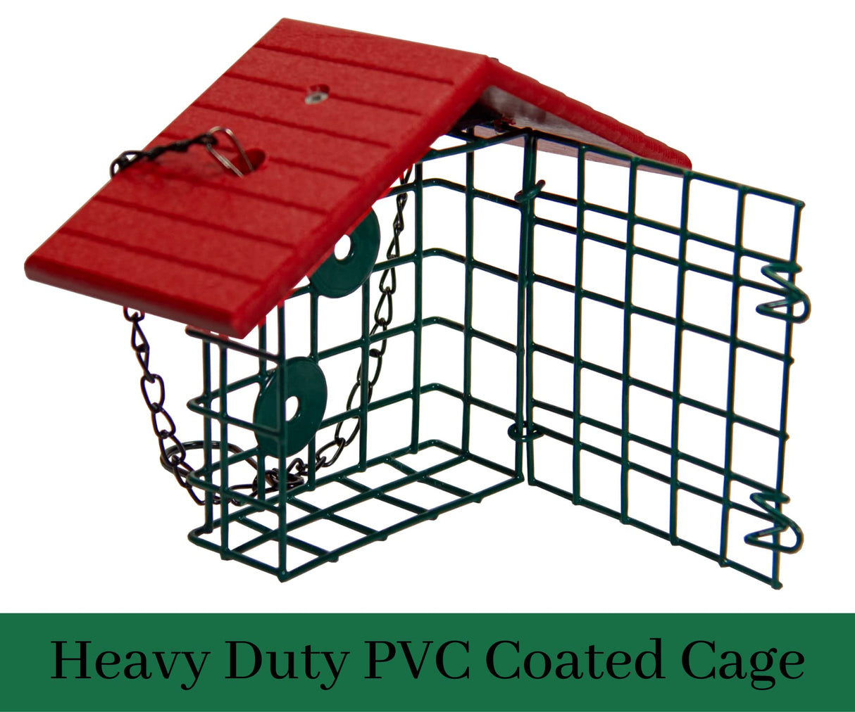 JCS Wildlife Single Suet Cage with Poly Lumber Roof, heavy duty PVC coated cage for bird feeding.
